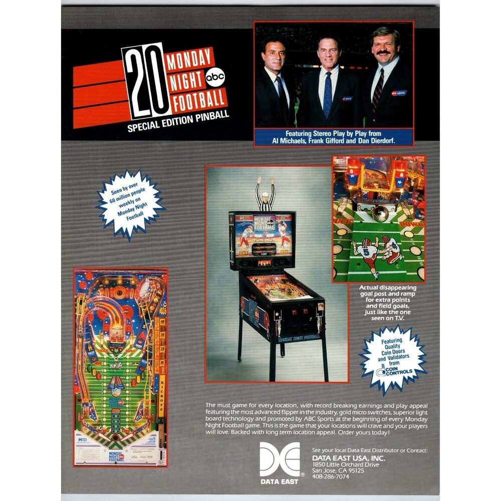 Monday Night Football Special Edition Pinball FLYER Original 1989 Vintage Art